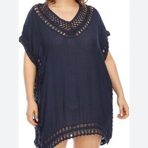 Lane Bryant Swimwear Women's 18/20 Navy Coverup Crochet Tunic Top V Neck
